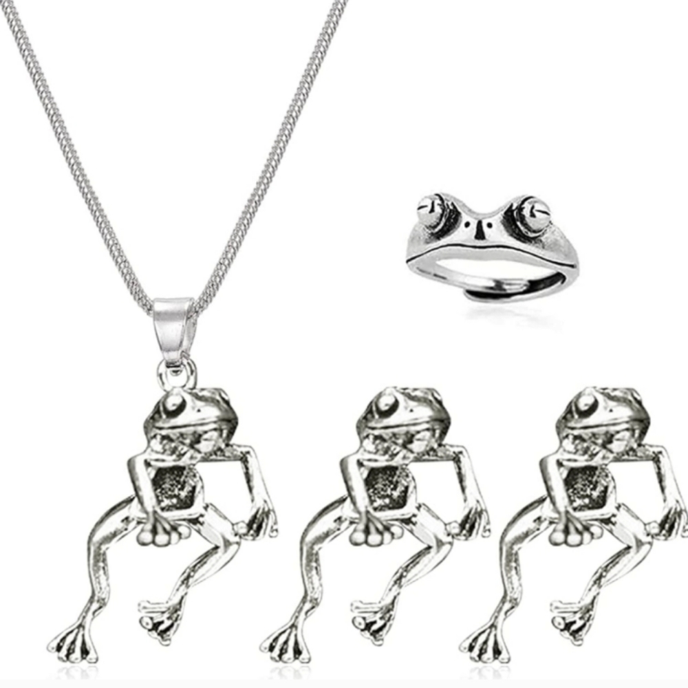 ADORABLE DANCING FROG SET WITH NECKLACE, EARRINGS AND ADJUSTABLE RING
